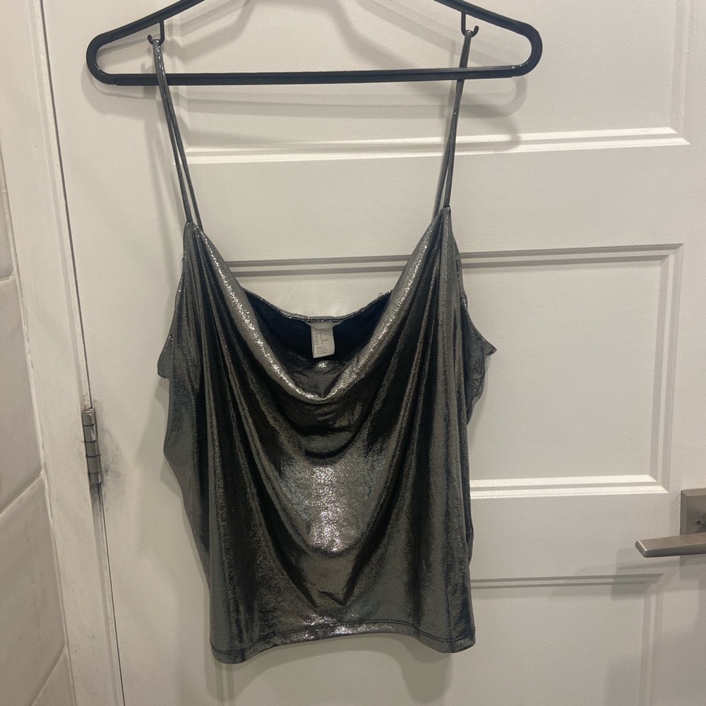 metallic slinky cowl neck tank top